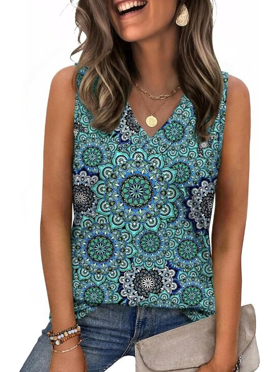 Tops - Women's Spring Summer V Neck Blue Mz858 Loose Fit Sleeveless Tops Beach